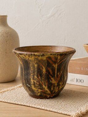 Signed Studio Pottery Vase Planter Earth Tone Drip Glaze Rustic 5"